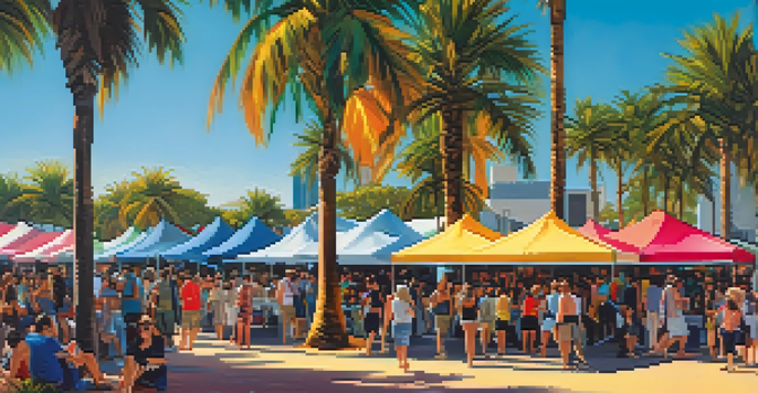 An outdoor art festival scene showcasing colorful contemporary artworks with people exploring the booths under a blue sky.