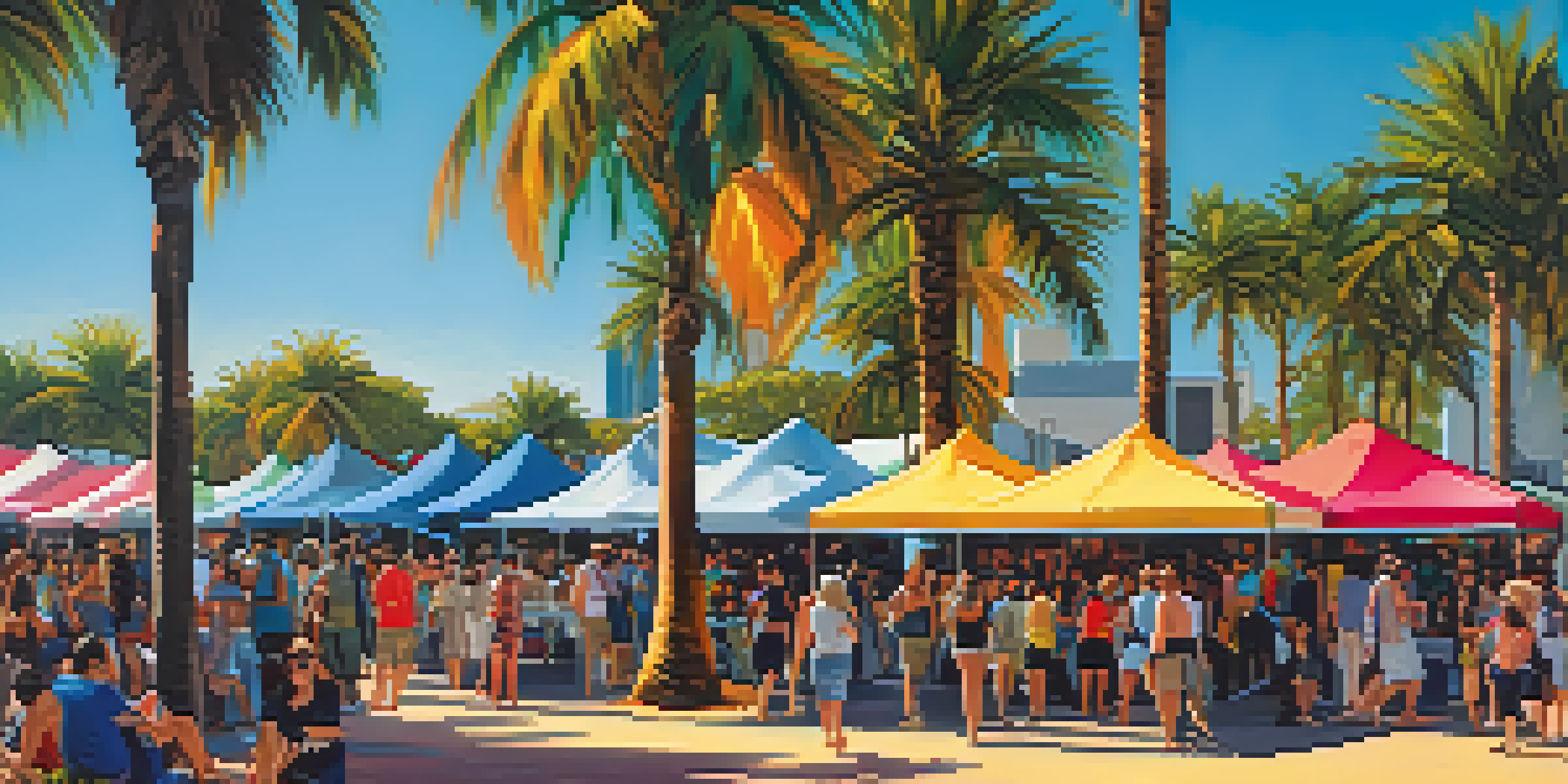 An outdoor art festival scene showcasing colorful contemporary artworks with people exploring the booths under a blue sky.