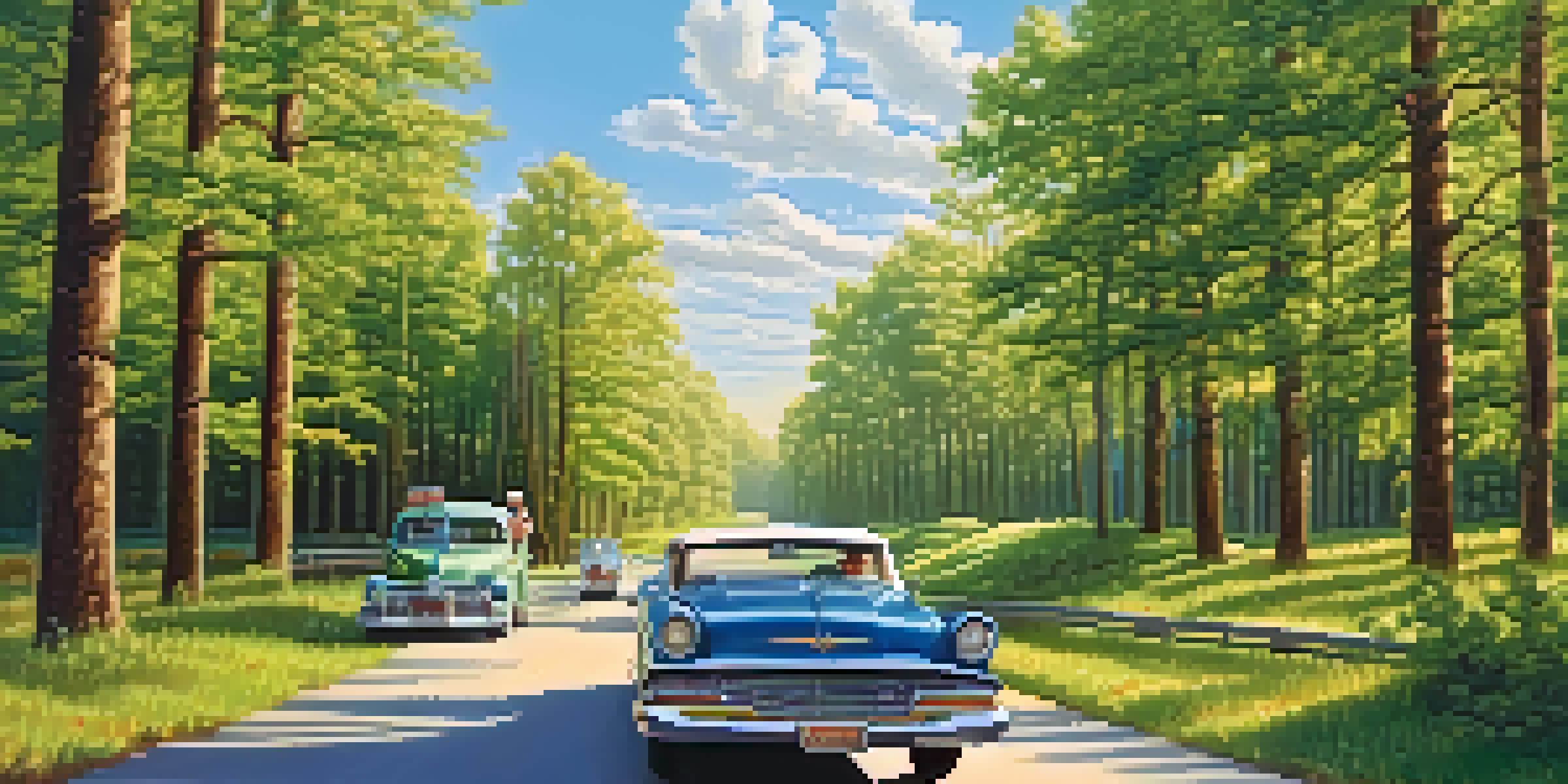 A vintage car driving on an open highway surrounded by tall green trees, with a roadside diner in the distance.