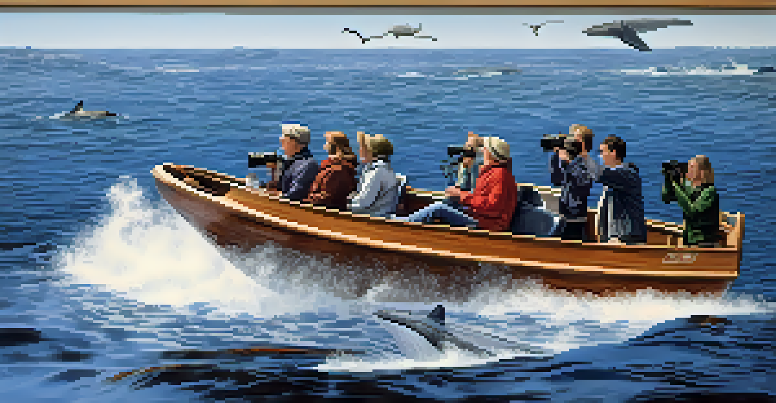 A group of whale watchers on a small boat looking excitedly at a whale spouting water in the distance, enjoying their whale watching experience.