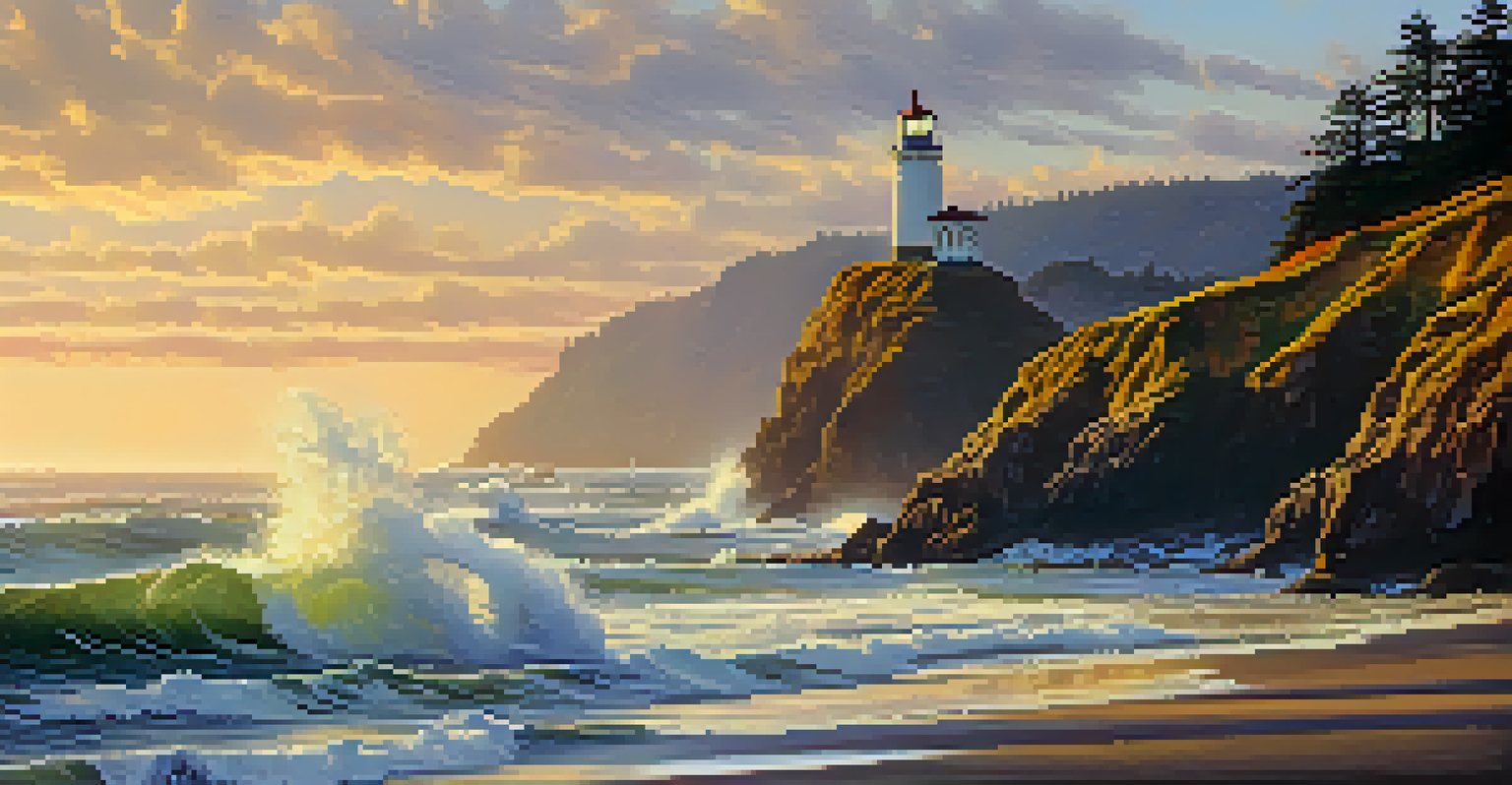 A stunning sunset over the Oregon Coast with cliffs, waves, and a lighthouse.