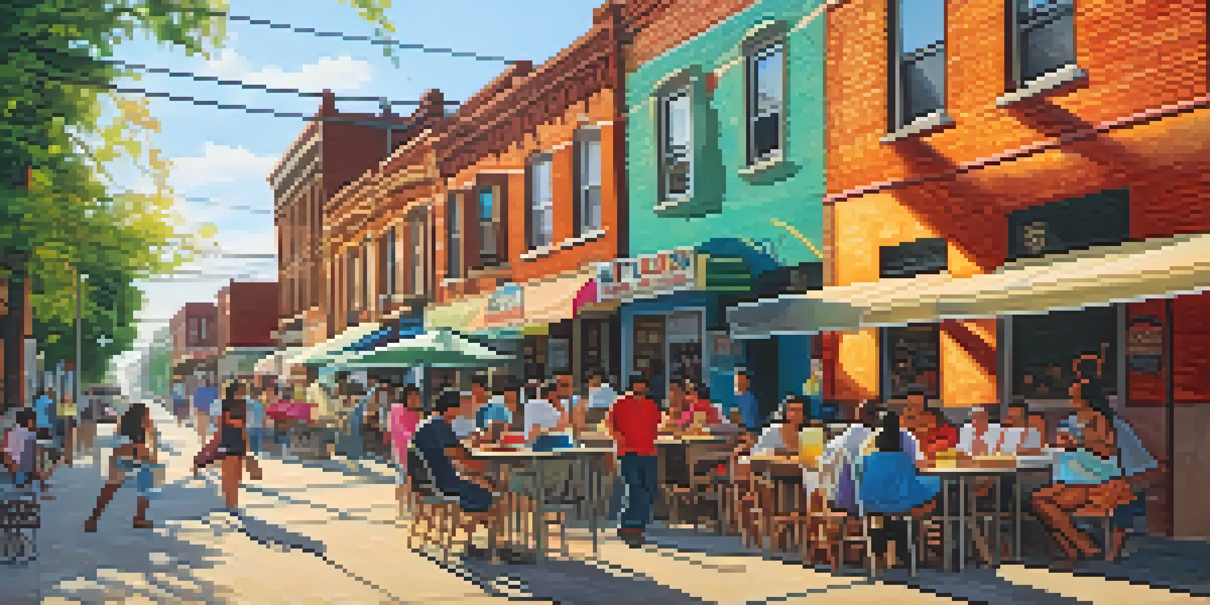 A lively street in Pilsen with colorful murals and locals enjoying Mexican food under warm sunlight.