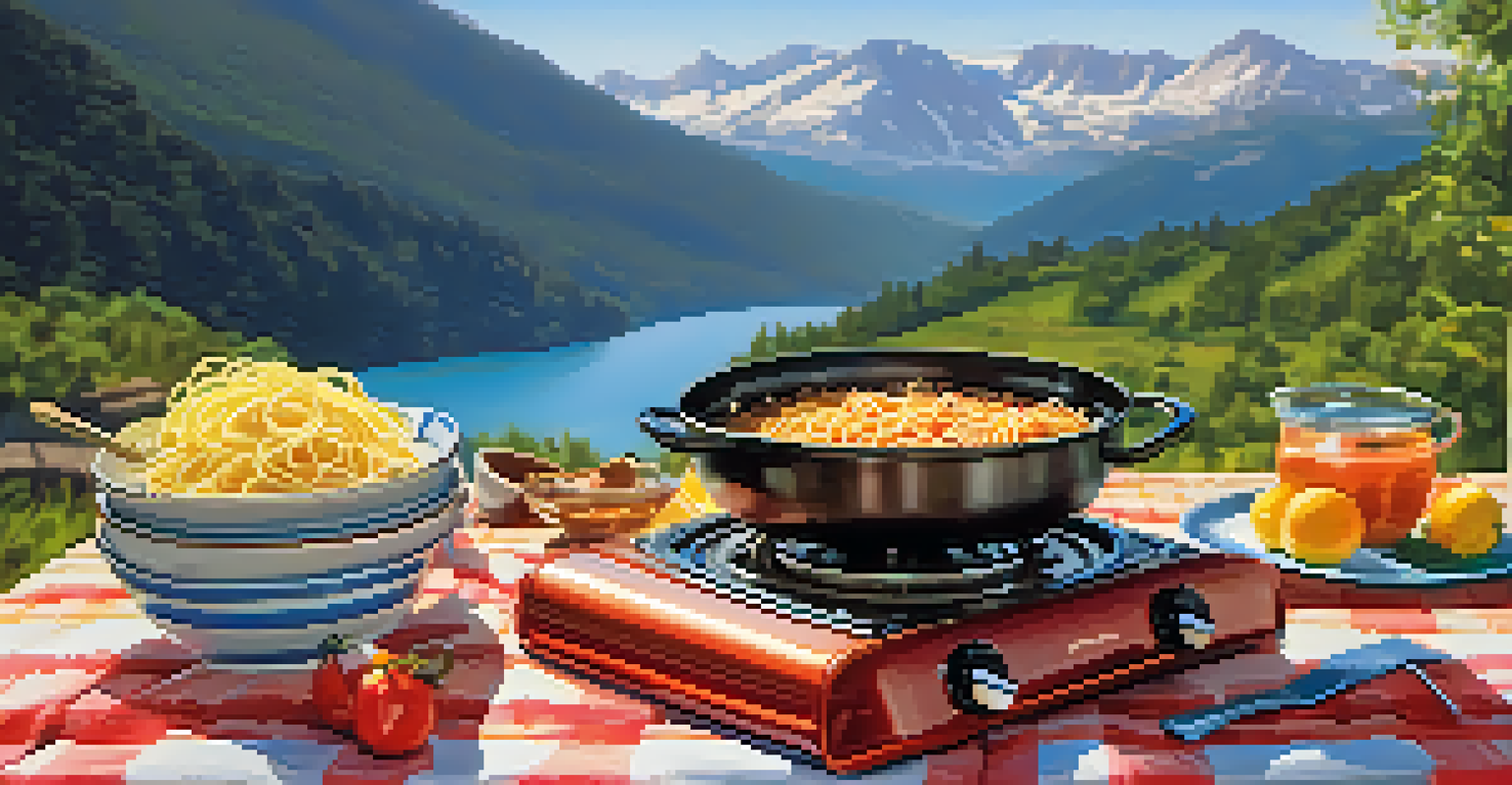 A portable camp stove on a picnic table with boiling pasta, surrounded by fresh ingredients and a beautiful mountain view in the background.