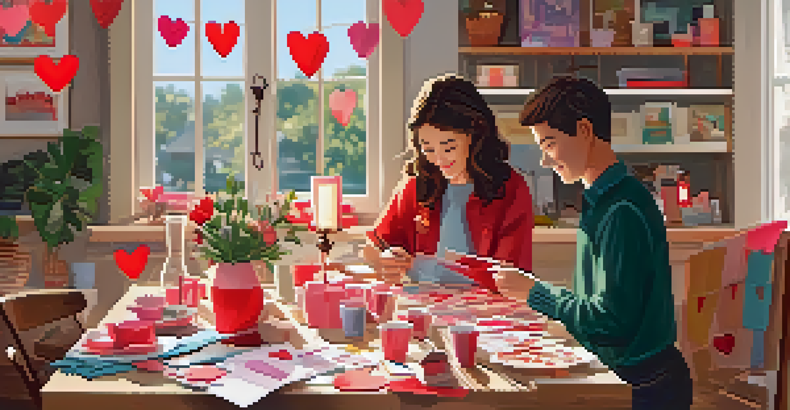 A couple engaged in a DIY Valentine's Day celebration, crafting handmade cards at a cozy home setting with colorful supplies.