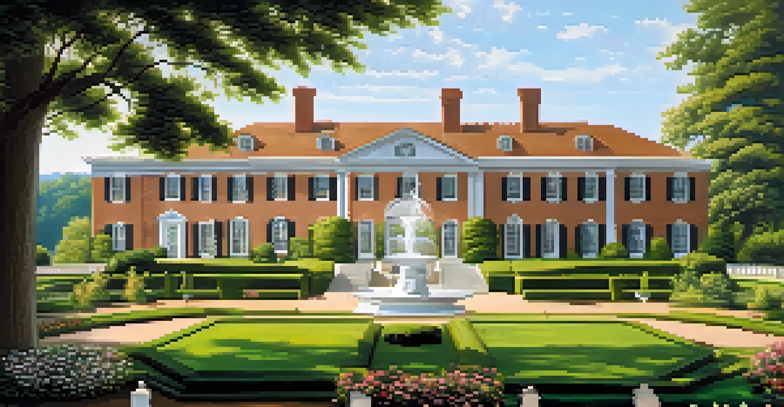 The historic estate of Mount Vernon, surrounded by vibrant gardens and the Potomac River under a blue sky.