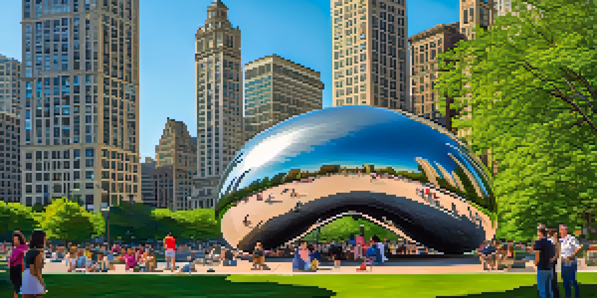 A busy Millennium Park with the Cloud Gate sculpture reflecting the city skyline, surrounded by greenery and people enjoying the park.