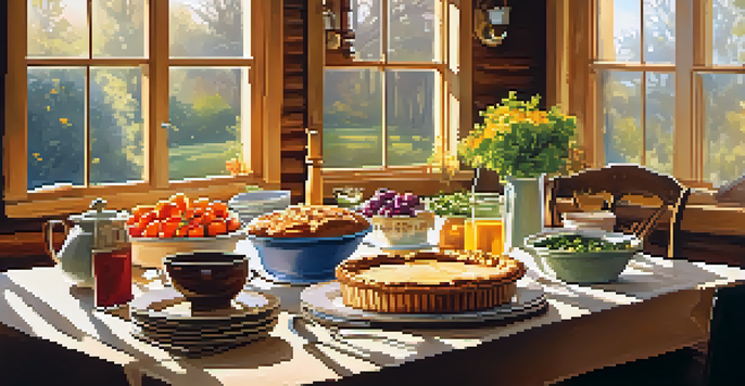 A rustic dining table filled with homemade casseroles, pies, and fresh vegetables, illuminated by warm sunlight.