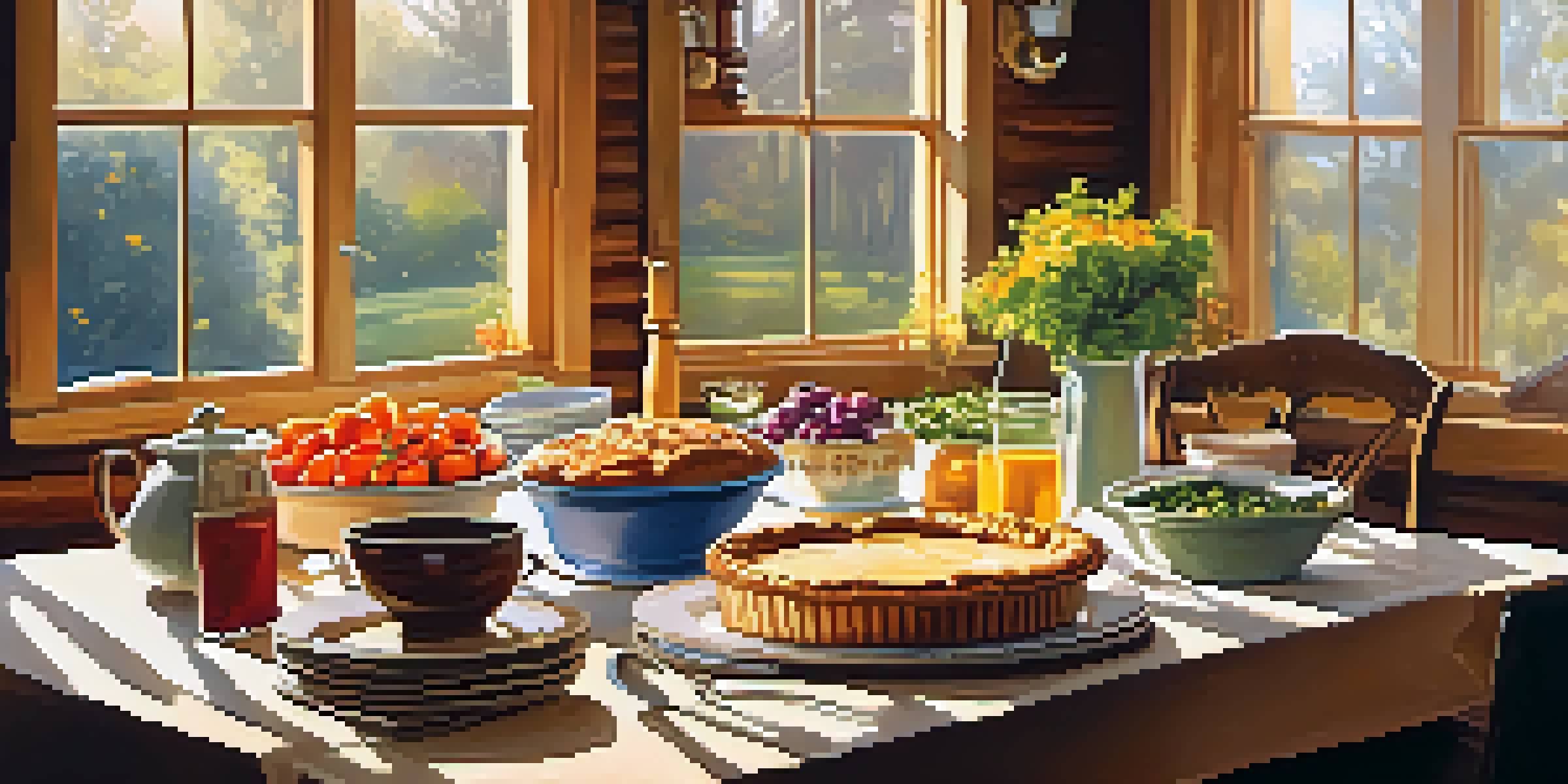 A rustic dining table filled with homemade casseroles, pies, and fresh vegetables, illuminated by warm sunlight.