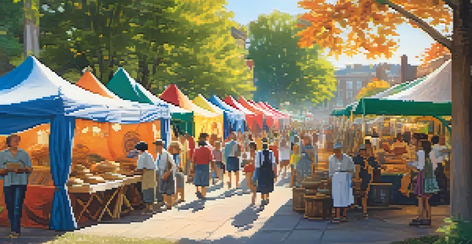 A lively heritage festival with people participating in crafts, storytelling, and traditional dances, surrounded by historical buildings.