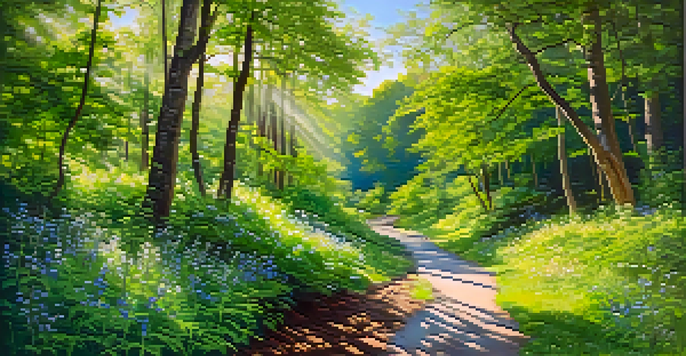 A serene nature trail in a lush green forest with sunlight filtering through leaves, vibrant wildflowers, and a flowing stream.