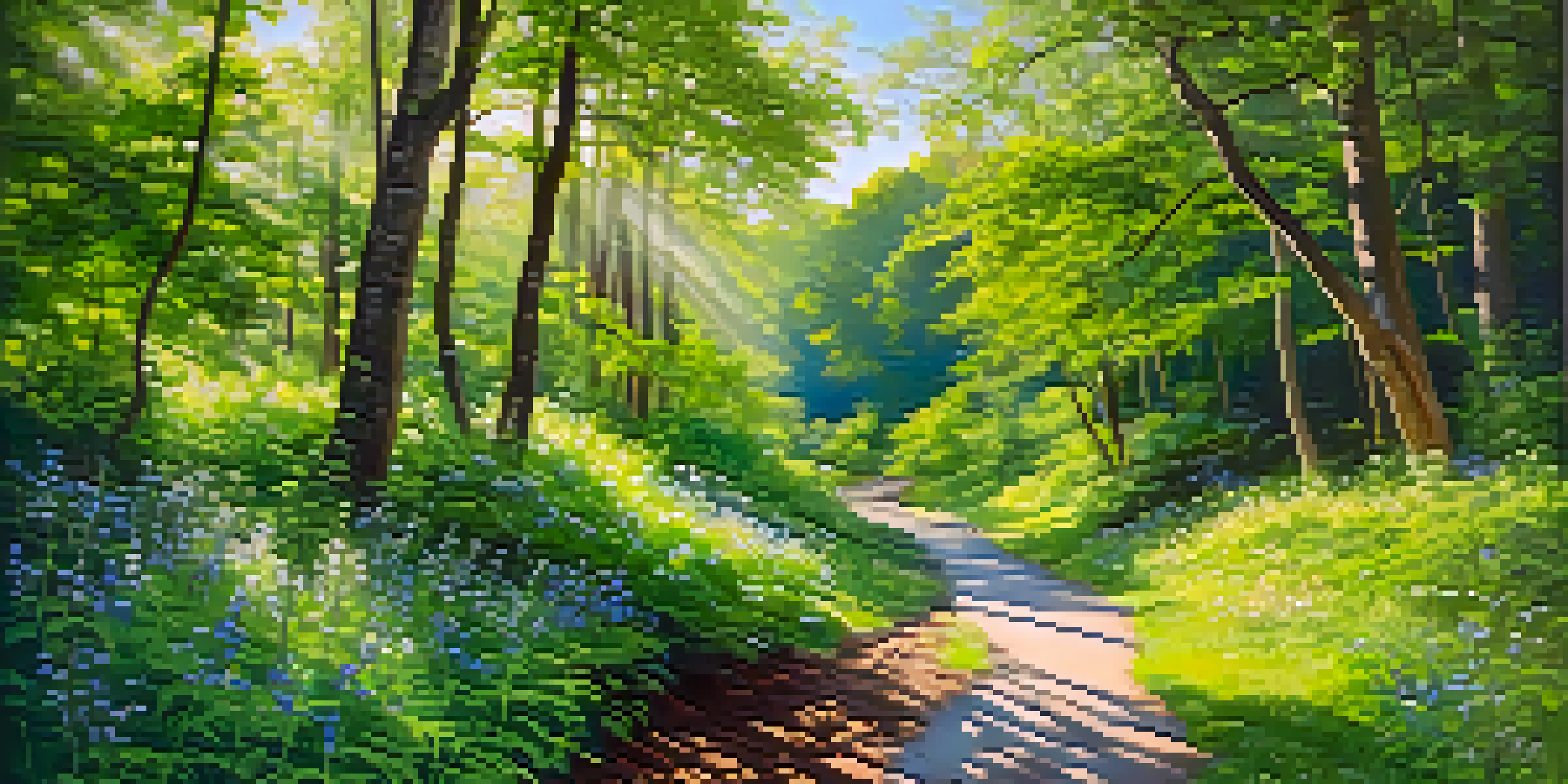 A serene nature trail in a lush green forest with sunlight filtering through leaves, vibrant wildflowers, and a flowing stream.