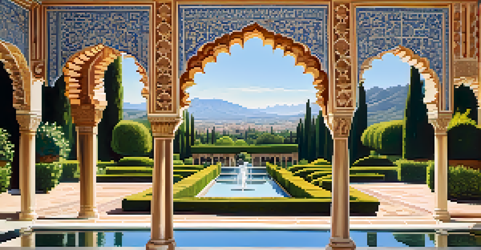 Close-up of the Alhambra's tile work and gardens, with detailed architecture and mountains in the background.