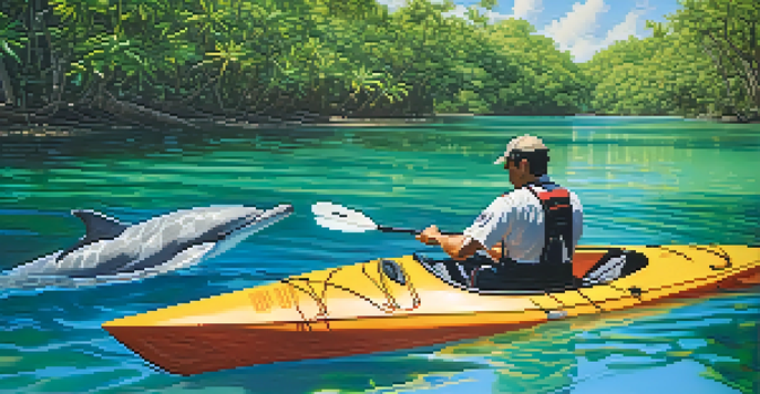 A colorful kayak paddling through clear waters with dolphins jumping in the background, surrounded by green mangroves.