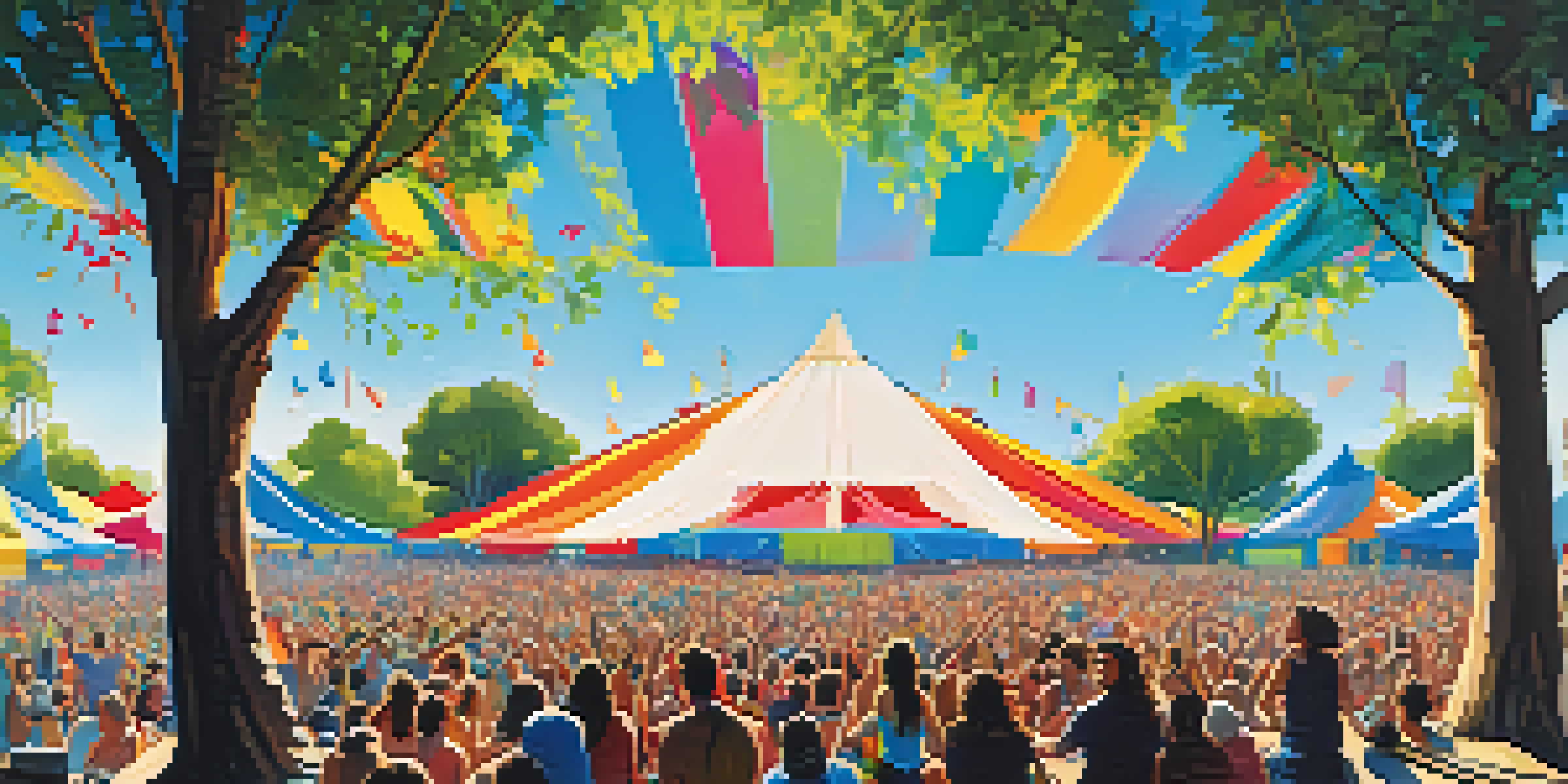 A lively outdoor music festival with colorful tents and a crowd enjoying performances on a sunny day.