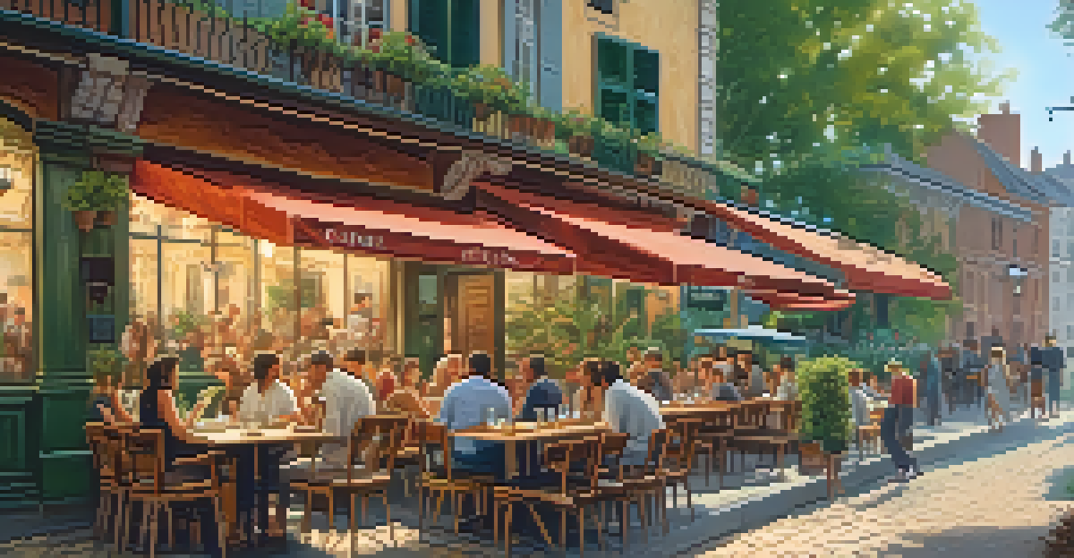 An inviting outdoor café with patrons enjoying local cuisine amidst vintage architecture and greenery.