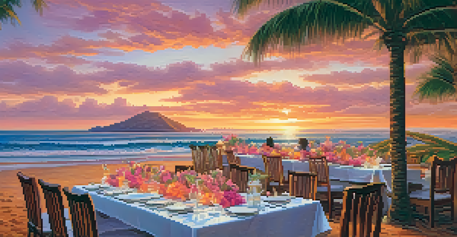 A family enjoying a sunset dinner on the beach in Maui, with a beautiful ocean backdrop and colorful sky.