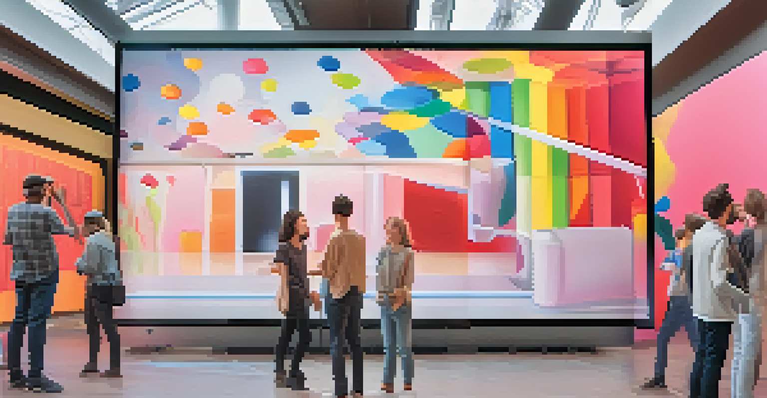 A modern interactive digital art space featuring touchscreen interfaces displaying close-ups of photographs, with users engaged in exploration.