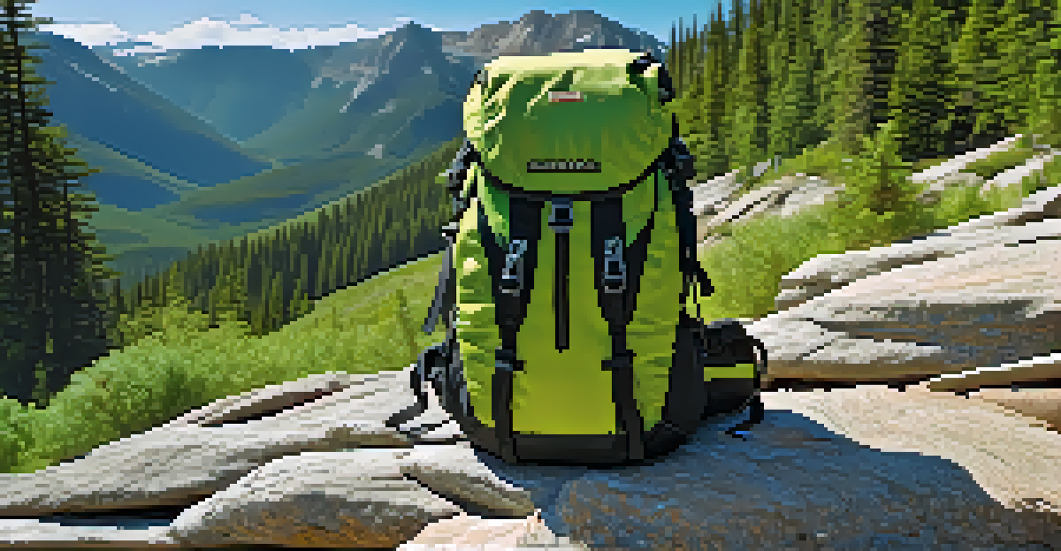 A hydration pack on a hiking trail with mountains and hikers in the background.