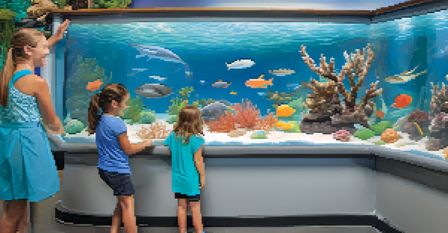 Children interacting with a touch pool at an aquarium, touching starfish and sea cucumbers with a staff member guiding them.