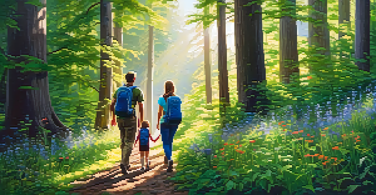 A family hiking in a green forest, with sunlight filtering through the trees, showcasing a sense of adventure.