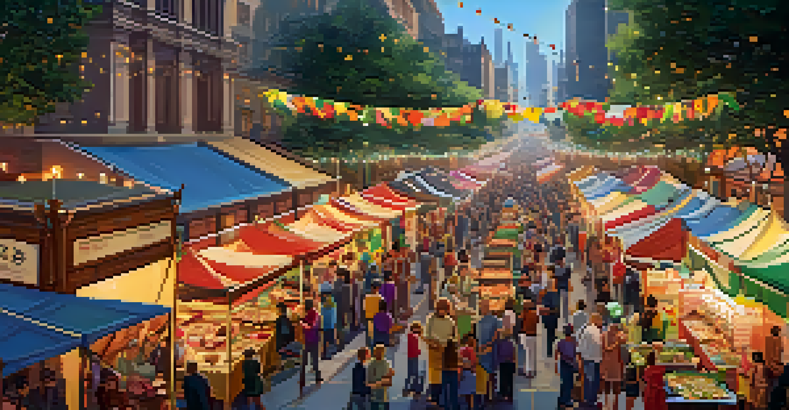 An overhead view of a lively food festival with colorful stalls and diverse groups of people enjoying meals together.