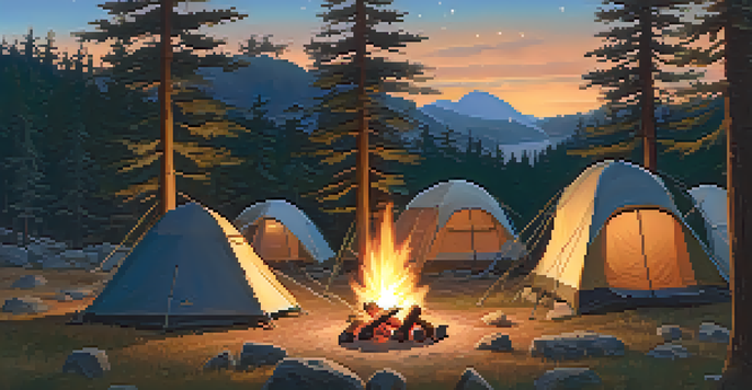 A campsite with a glowing campfire and tents surrounded by tall pine trees under a starry sky at dusk.