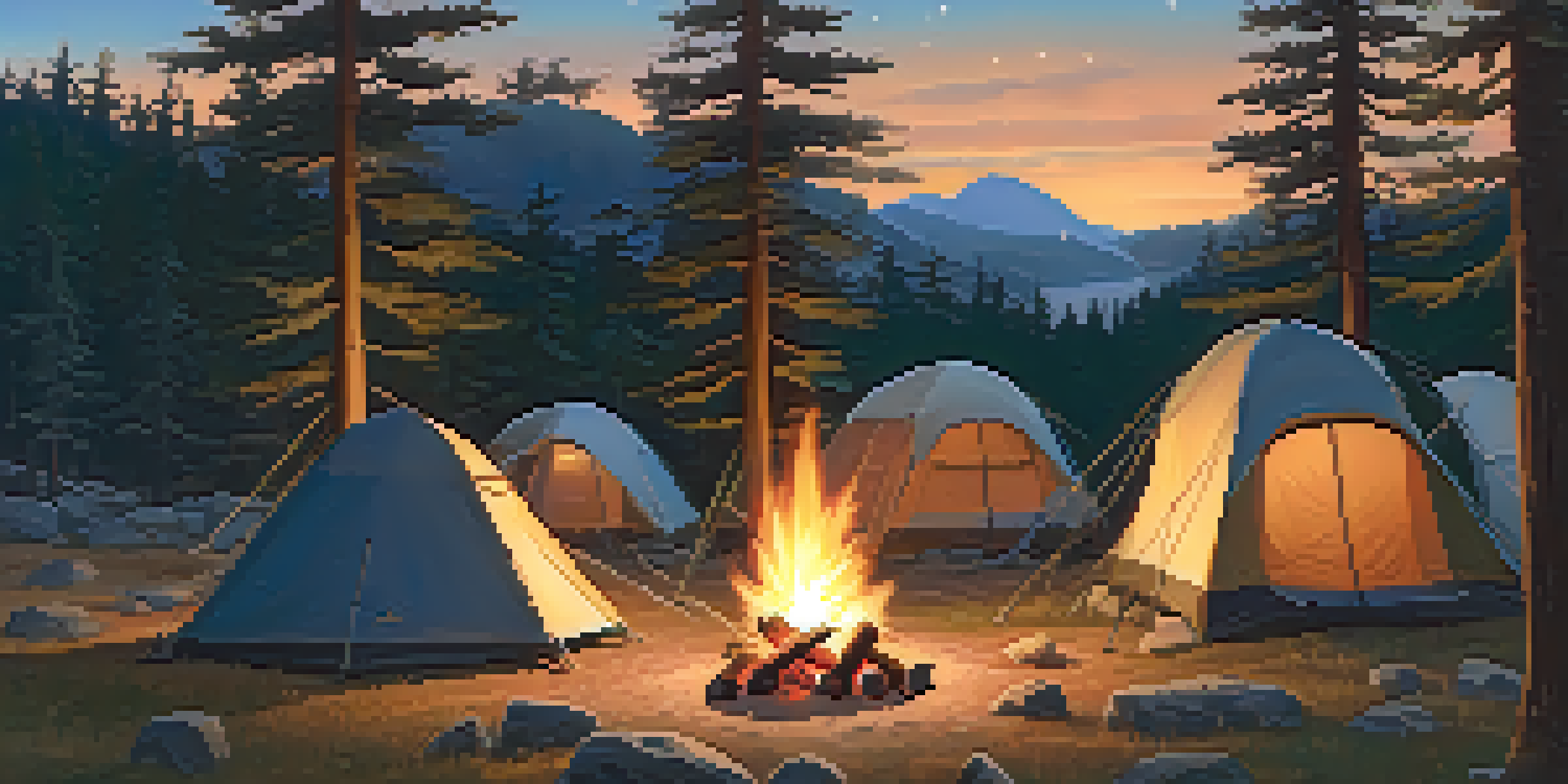 A campsite with a glowing campfire and tents surrounded by tall pine trees under a starry sky at dusk.