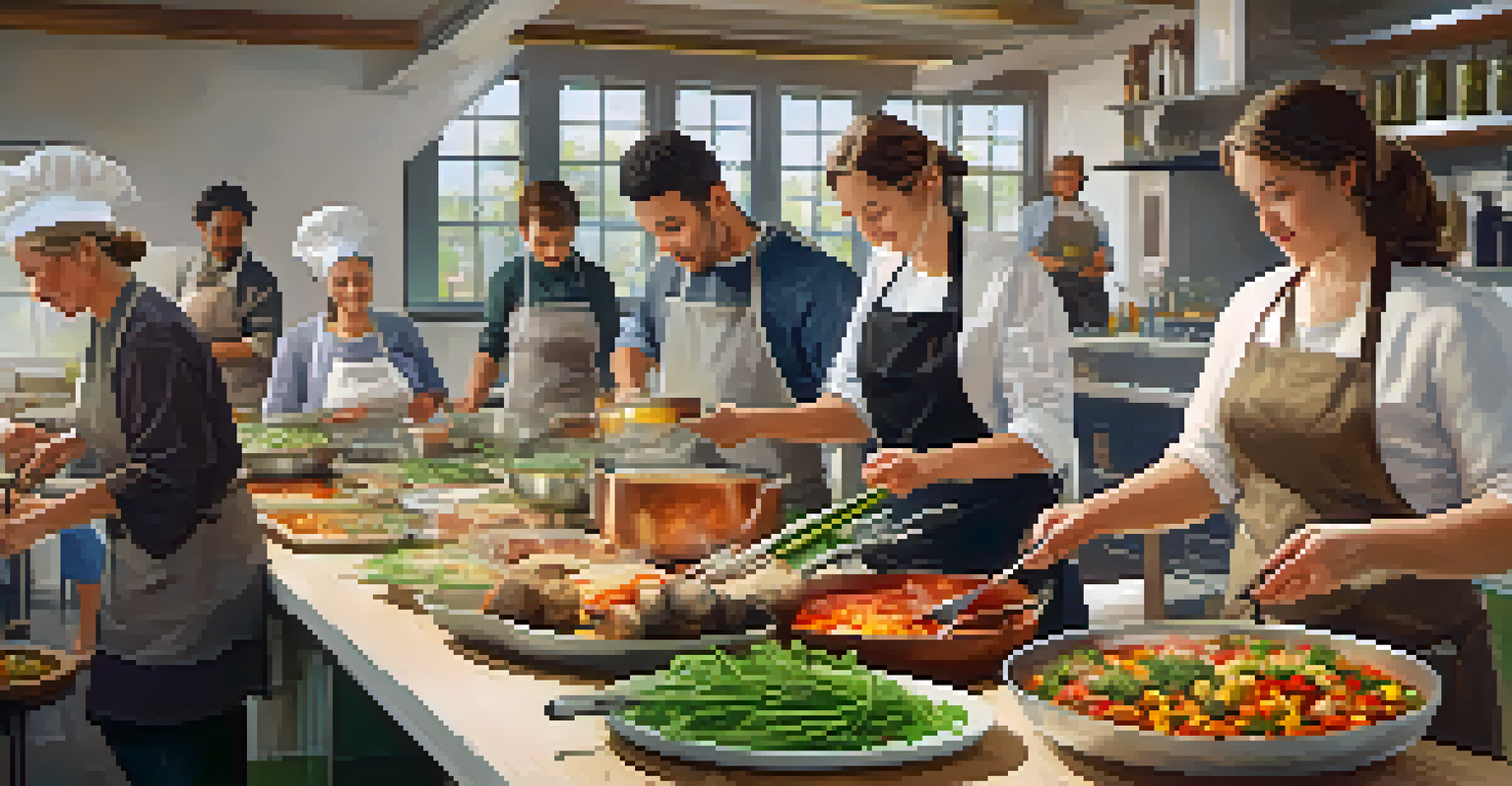 Participants in a cooking class working together to prepare a multi-course meal in a warm, bustling kitchen, sharing stories and laughter.