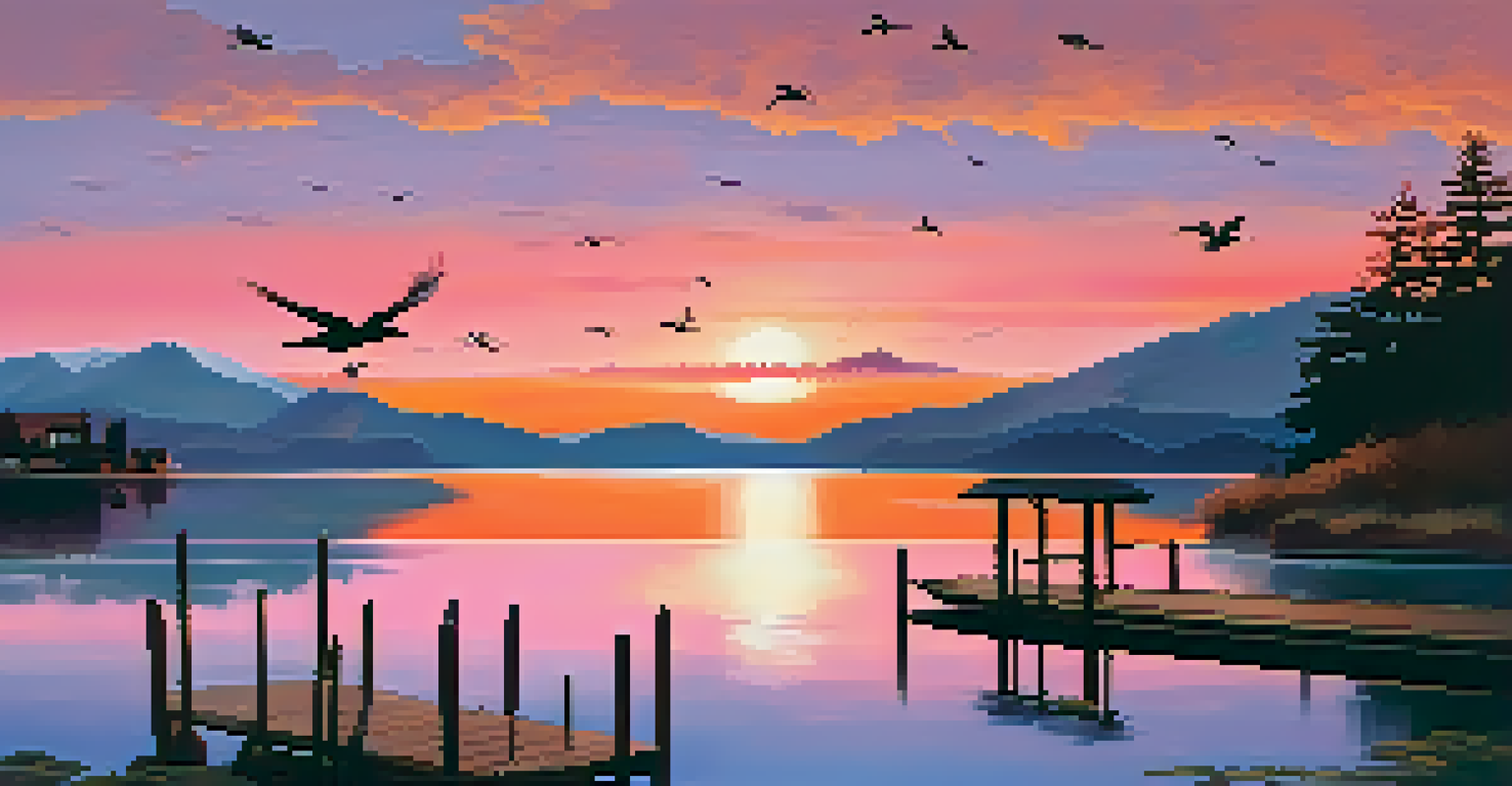 A beautiful lakeside scene at sunset with colorful reflections and silhouetted mountains.