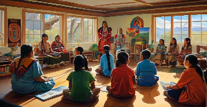 A diverse group of Native American students listening attentively to an elder telling a story in a colorful classroom filled with cultural artwork.