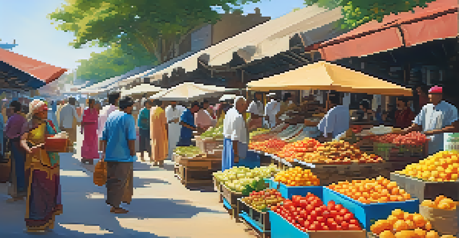 A lively local market filled with colorful stalls selling fresh fruits and spices, with shoppers interacting with vendors in a warm afternoon light.