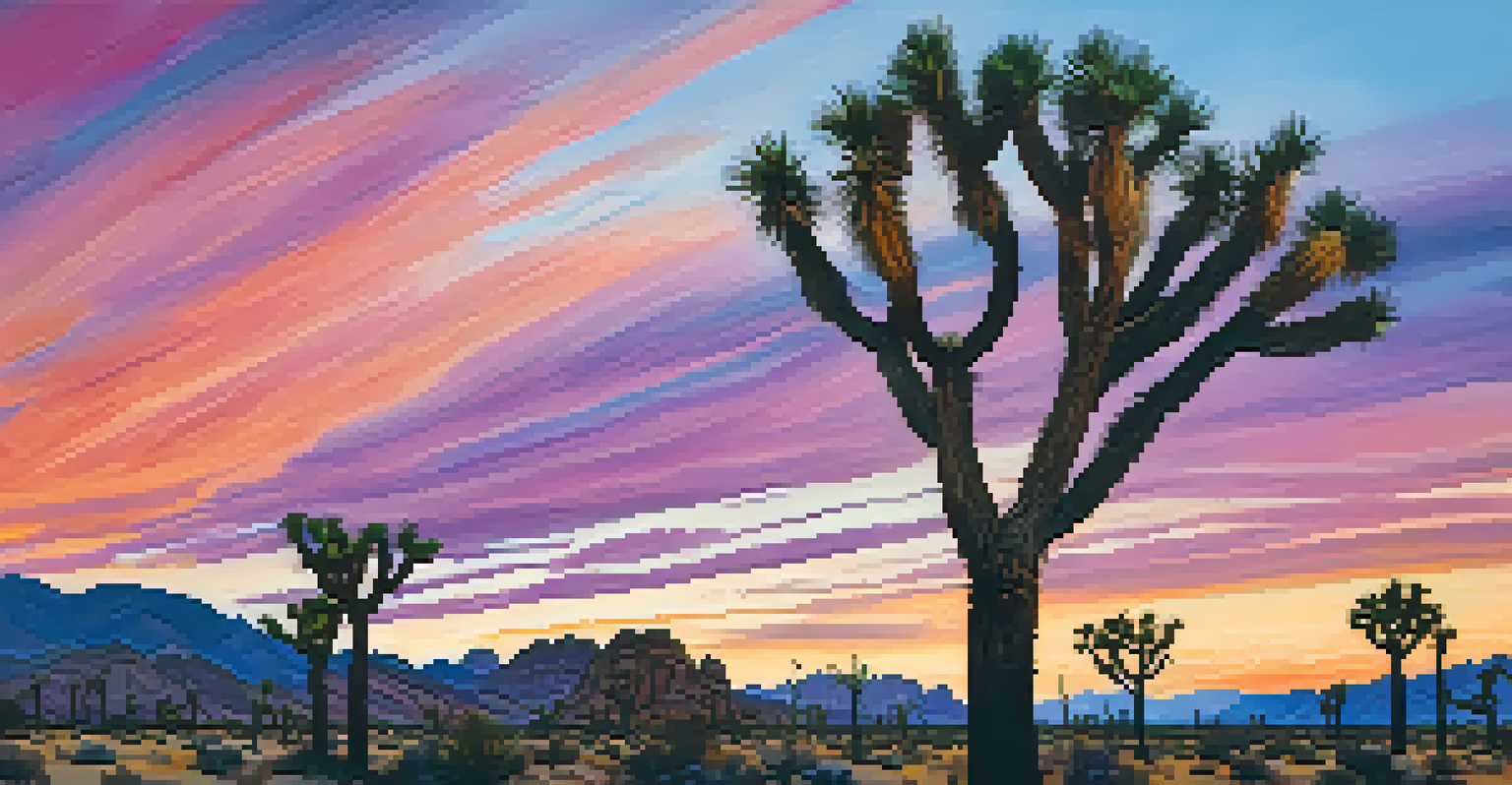 Silhouettes of Joshua trees against a colorful sunset sky with rocky terrain in a desert landscape.