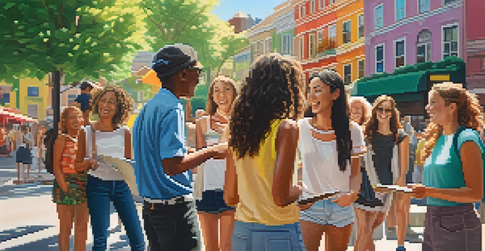 A diverse group of friends engaged in a scavenger hunt in a city, gathered around a map with colorful buildings and greenery in the background.