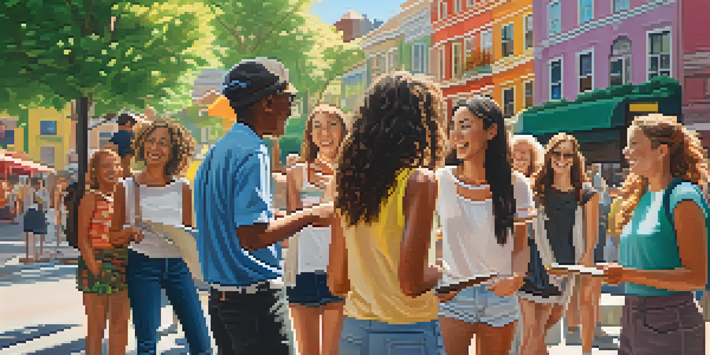 A diverse group of friends engaged in a scavenger hunt in a city, gathered around a map with colorful buildings and greenery in the background.