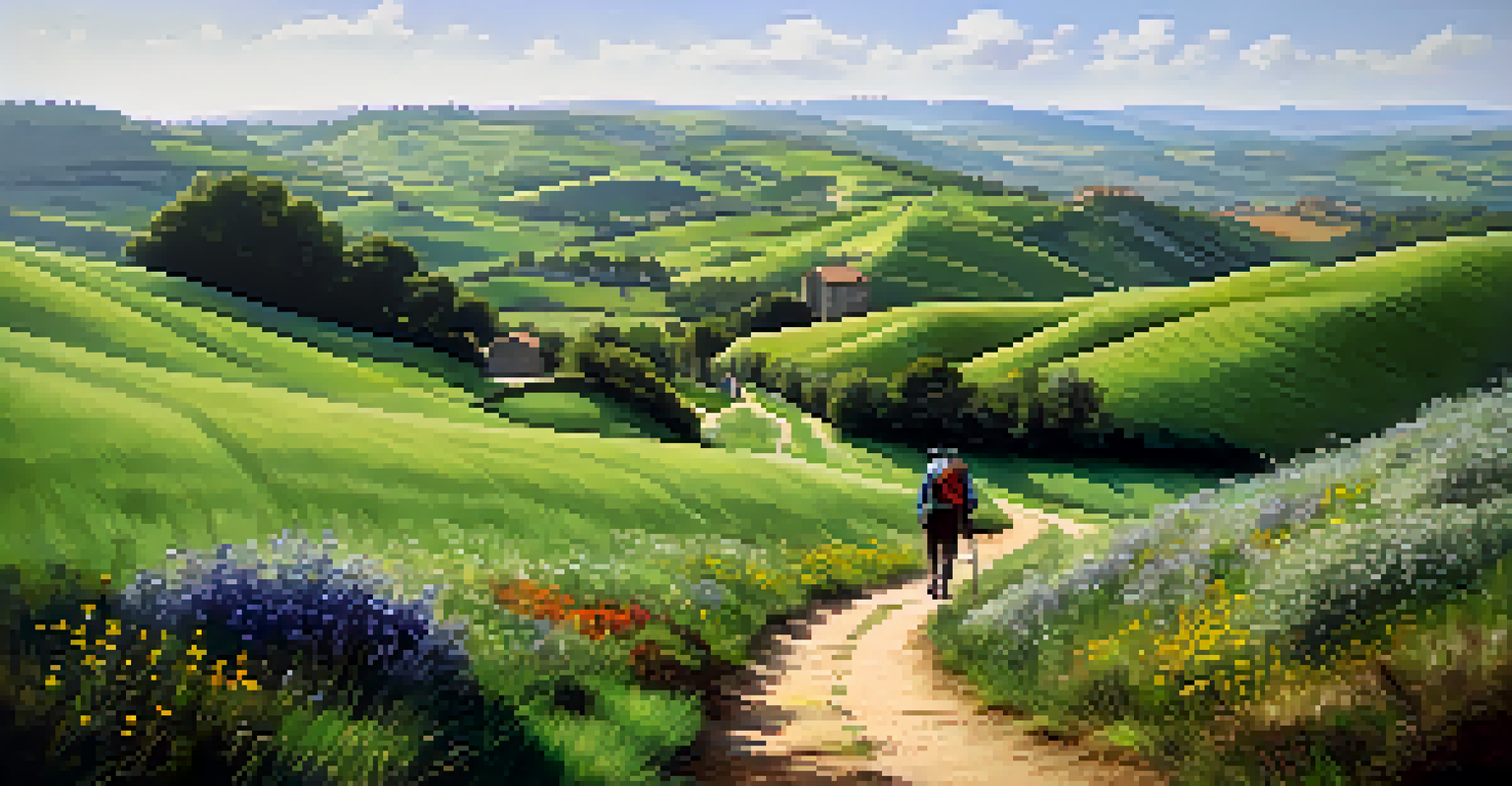 A serene landscape of the Camino de Santiago with a walking pilgrim amidst rolling green hills and wildflowers.