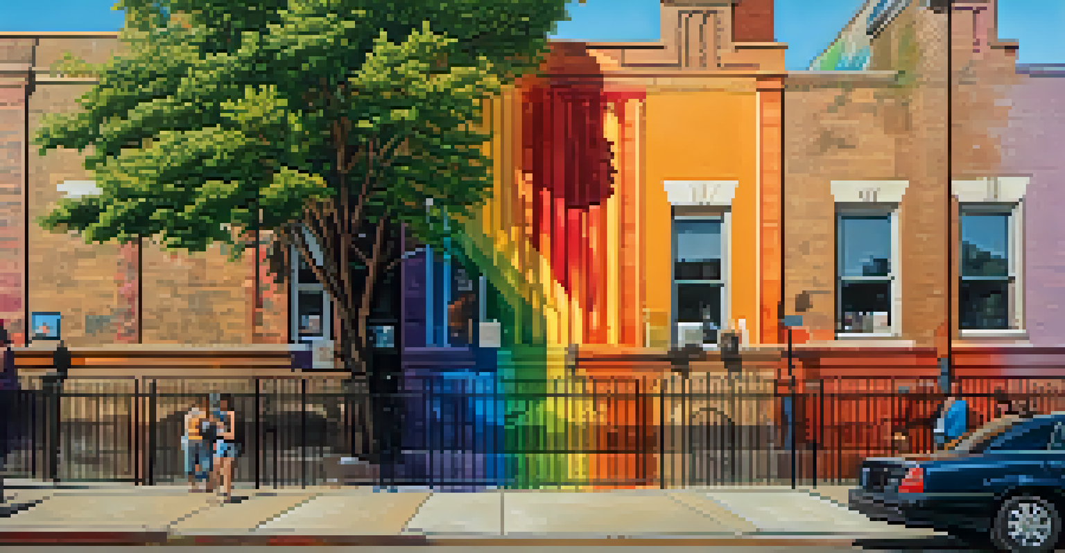 A colorful mural in Andersonville, Chicago, representing LGBTQ+ pride, with sunlight creating shadows on the textured wall.