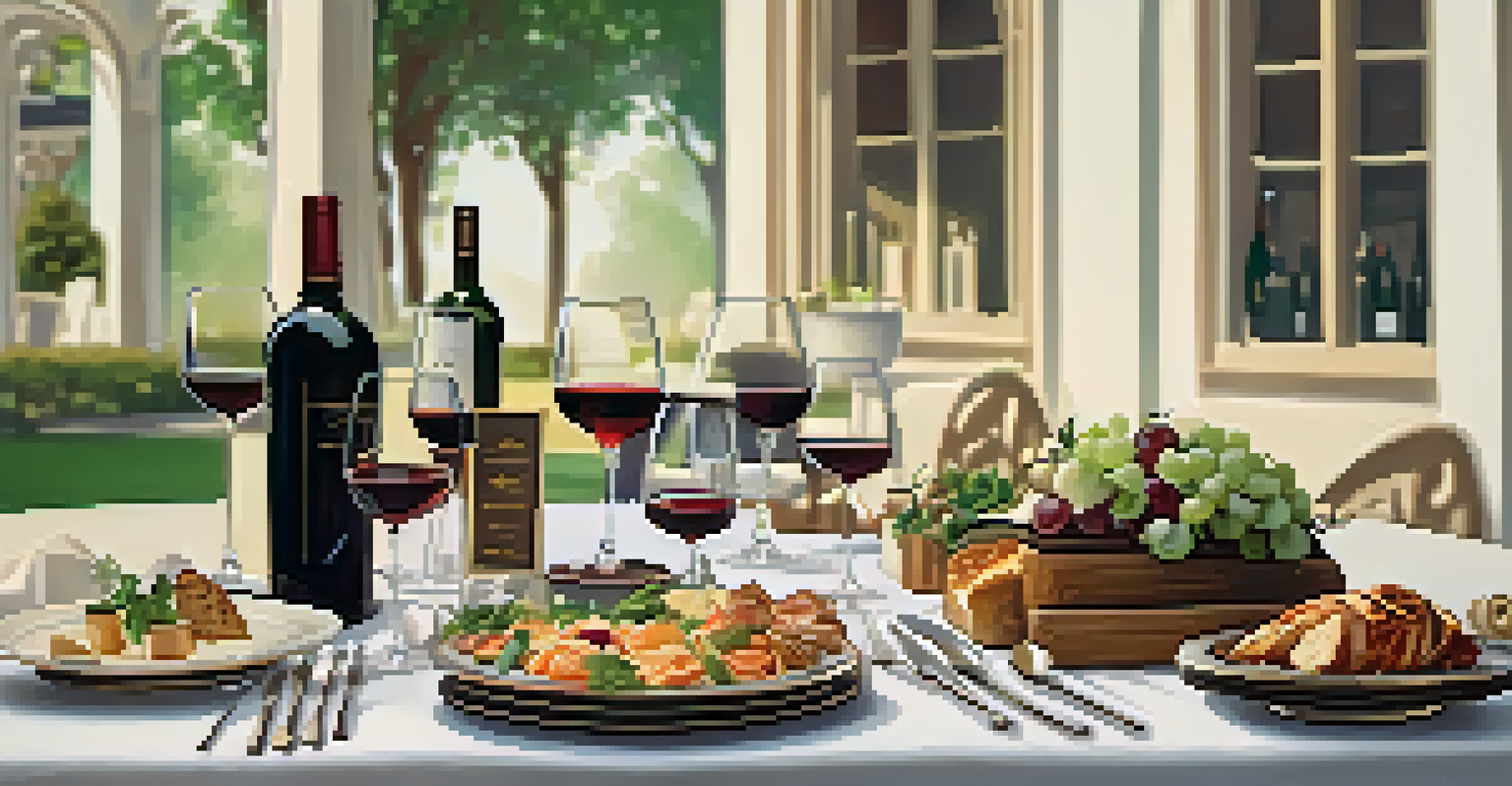 A beautifully arranged table for a wine and food pairing event, featuring gourmet dishes and wine glasses under soft lighting.