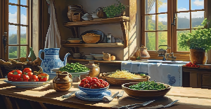 A rustic kitchen with a dining table set for a meal, showcasing traditional dishes like homemade pasta and fresh vegetables in warm sunlight.