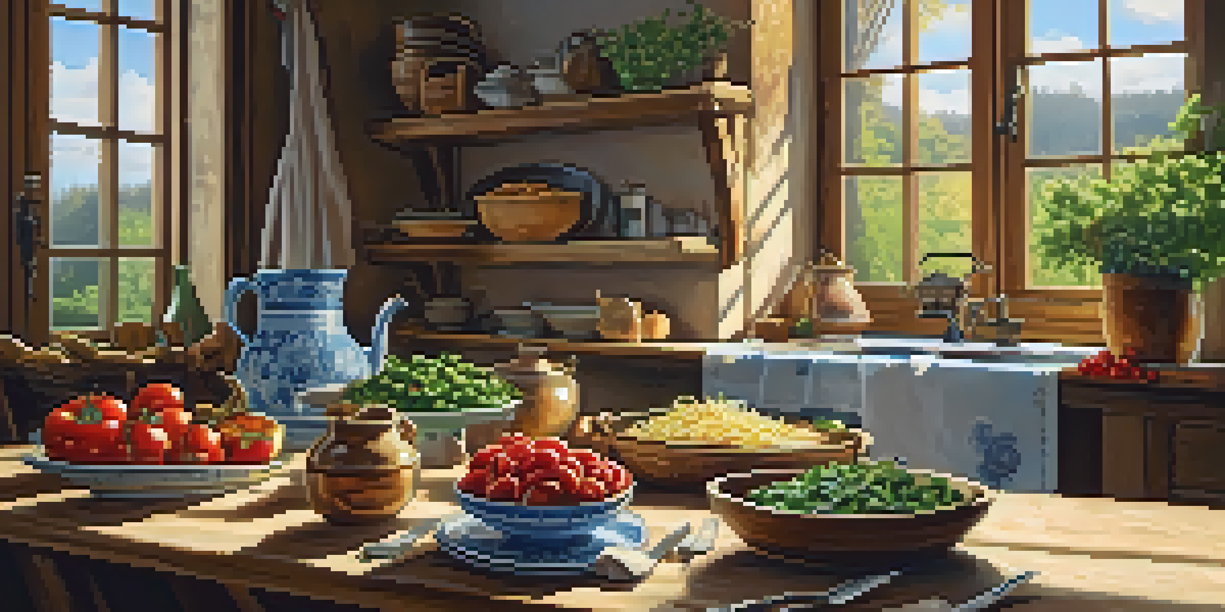 A rustic kitchen with a dining table set for a meal, showcasing traditional dishes like homemade pasta and fresh vegetables in warm sunlight.