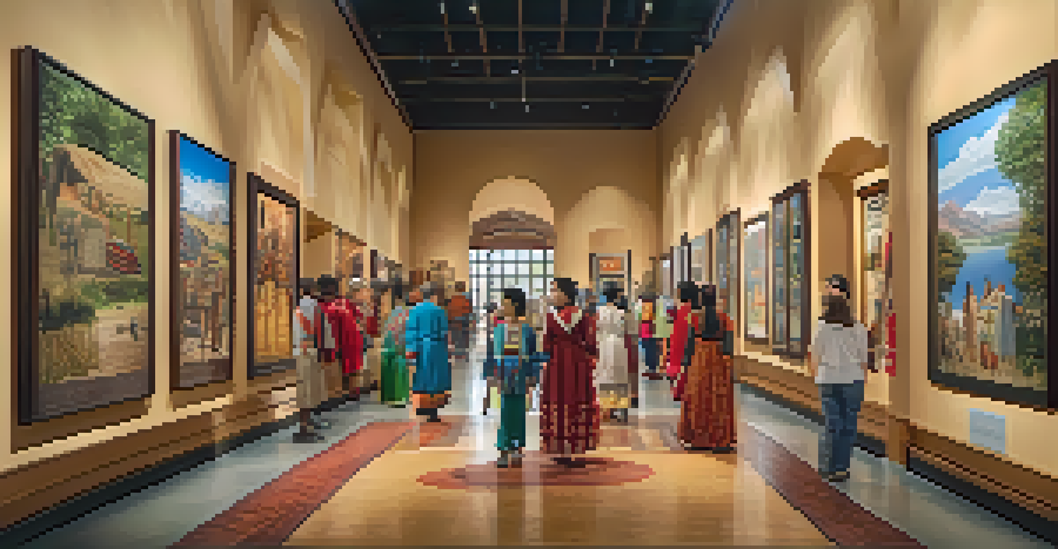 An exhibit at the Heritage Center featuring traditional clothing and art, with visitors exploring under natural light.