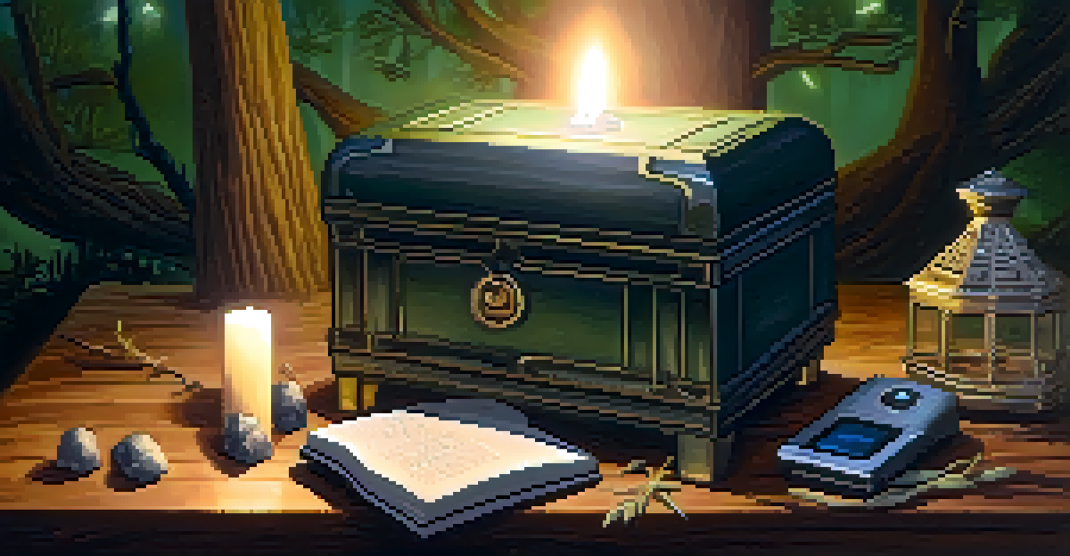 A ghost hunting setup in a forest with a spirit box, digital voice recorder, protective crystals, and candles.