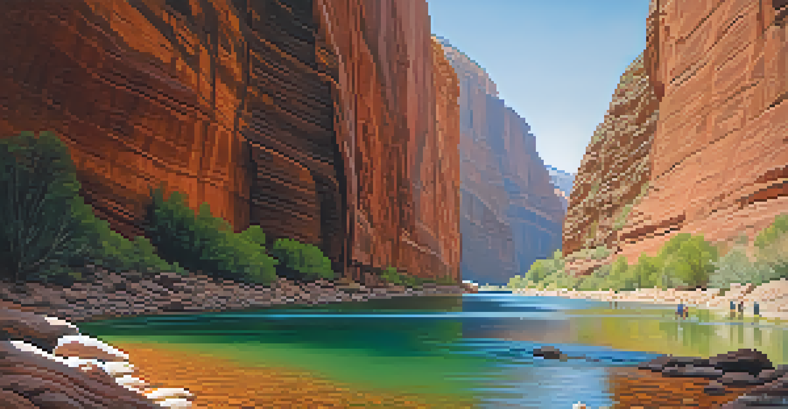 Hikers wading through the Virgin River in the Narrows, surrounded by towering canyon walls of red and orange rock under sunlight.