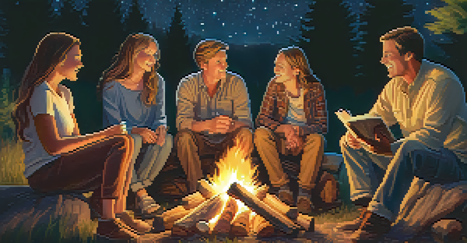 A heartwarming storytelling session around a campfire at night, with family members sharing stories in a cozy setting.