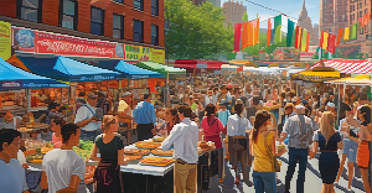 A lively food festival in NYC with food stalls, people sampling dishes, and colorful decorations creating a festive atmosphere.