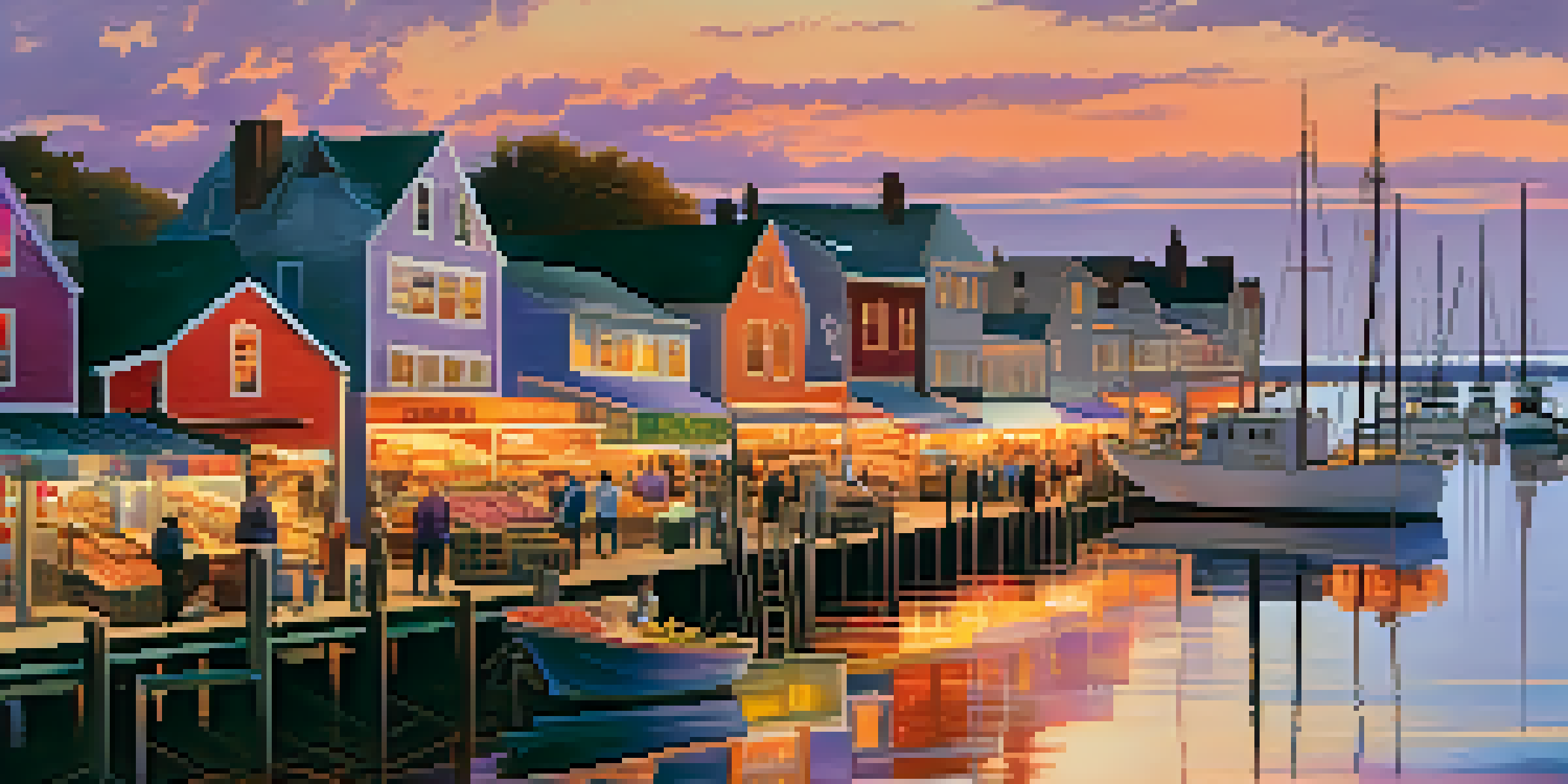 A scenic coastal town in New England during sunset, showcasing a lively seafood market with fresh catches and local fishermen.
