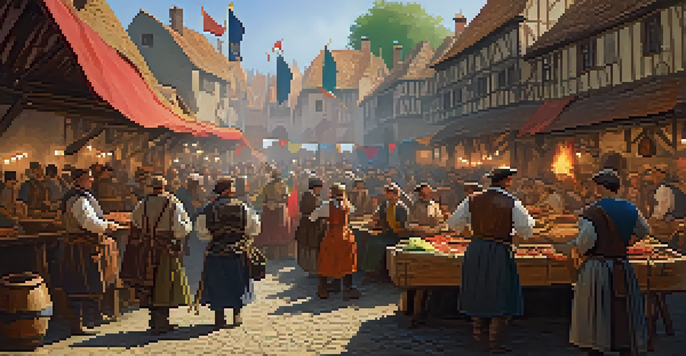 A lively medieval festival with participants in traditional clothing, featuring blacksmithing, pottery, and food stalls under colorful banners.