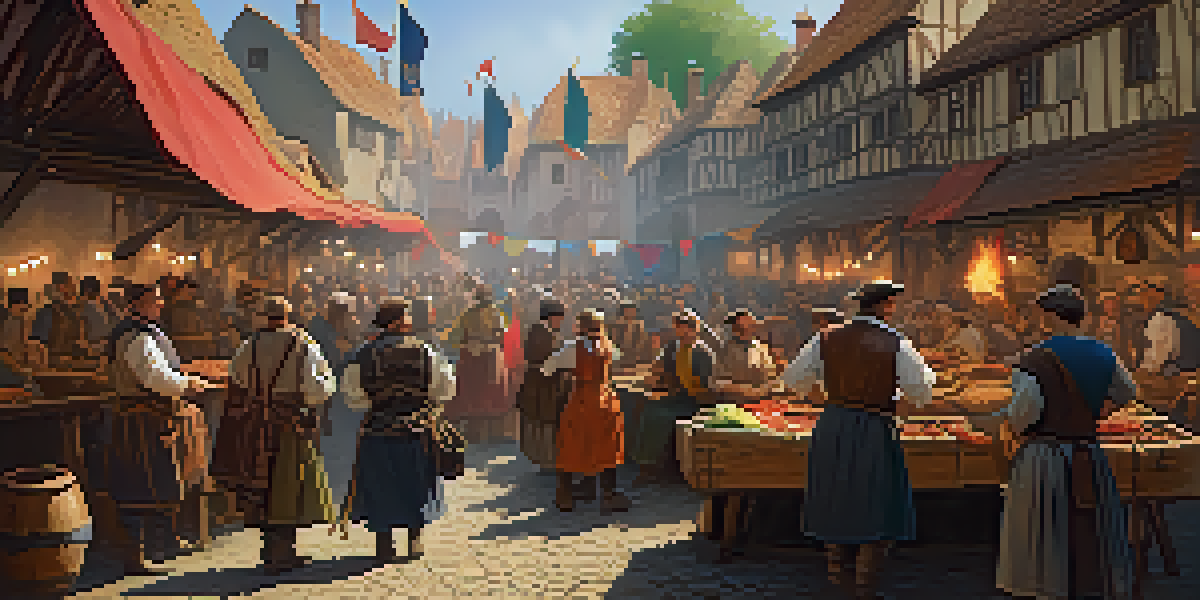 A lively medieval festival with participants in traditional clothing, featuring blacksmithing, pottery, and food stalls under colorful banners.