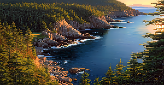 Aerial view of Acadia National Park with rugged cliffs, green forests, and the Atlantic Ocean at sunset.