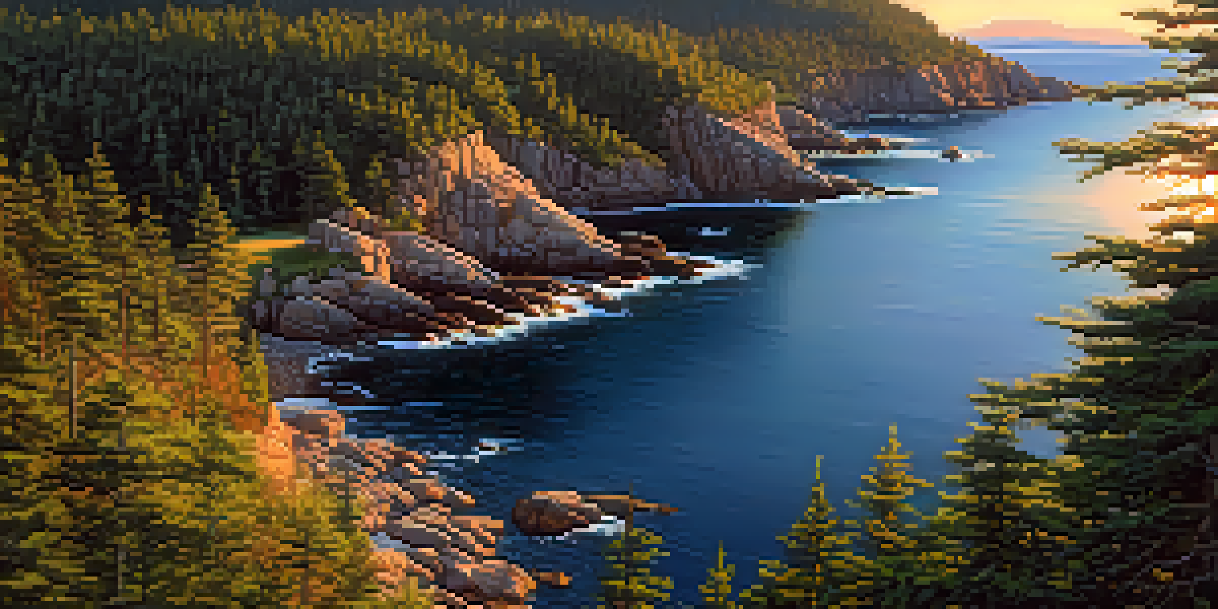 Aerial view of Acadia National Park with rugged cliffs, green forests, and the Atlantic Ocean at sunset.
