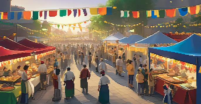 A lively food festival with colorful stalls and happy visitors sampling food.